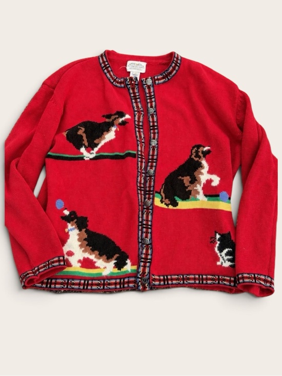 Susan Bristol Sweaters - VINTAGE 1991 Susan Bristol Dog Cat Cardigan Sweater L Novelty Cottagecore